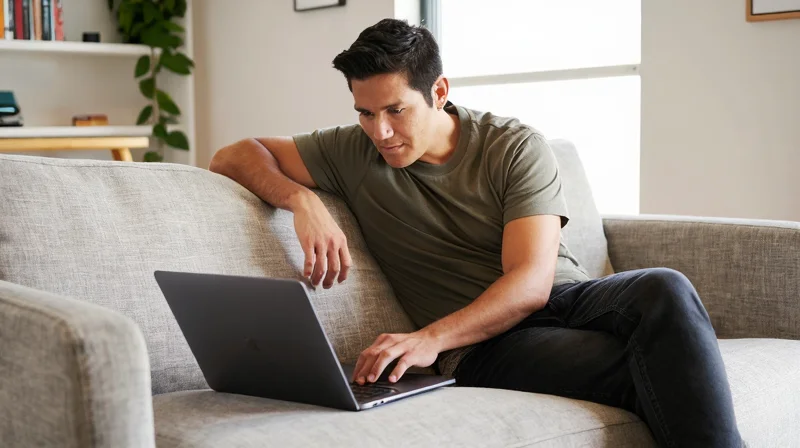 man casually reviewing adult friend finder on a laptop at home