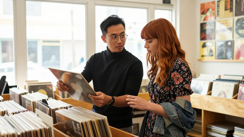 two people browsing vinyl records on an altscene first date at a record store