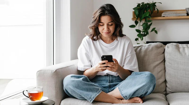 young woman reflecting on her casual relationship while looking at her phone in the morning