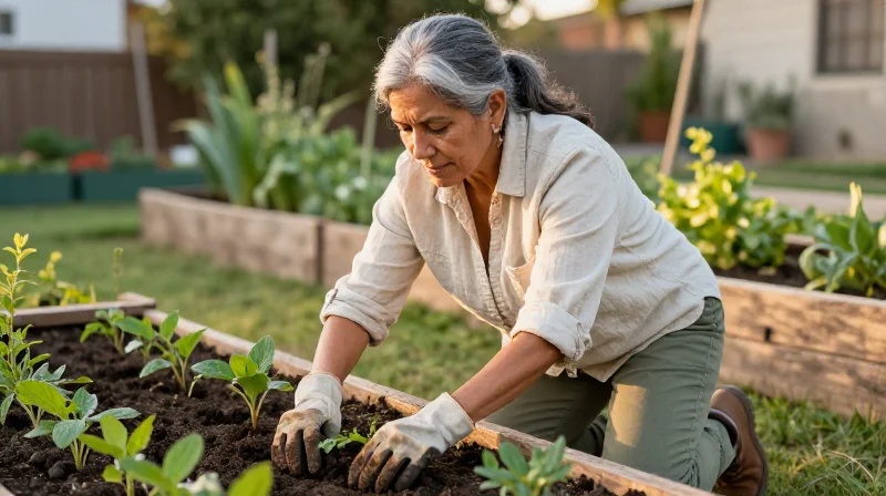 A Latina woman in her late 60s tending her garden with evident satisfaction, illustrating that choosing not to date in your 60s can be a legitimate and fulfilling decision