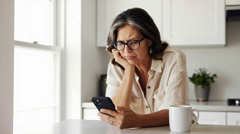 Woman over 50 looking at a dating app on her phone with a thoughtful expression